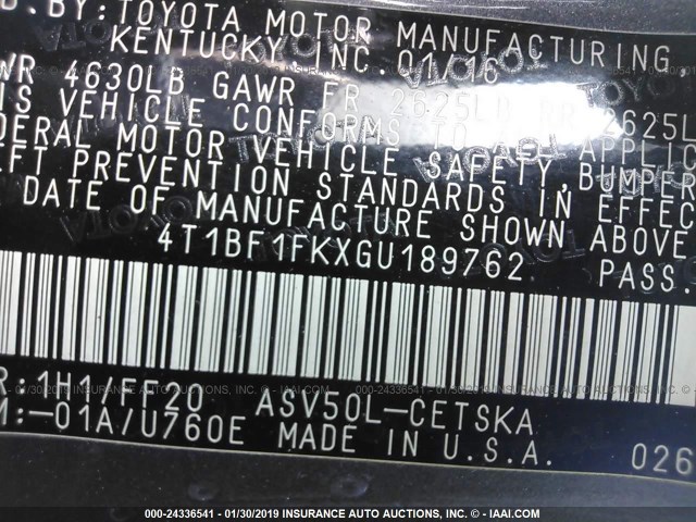 4T1BF1FKXGU189762 - 2016 TOYOTA CAMRY LE/XLE/SE/XSE ნაცრისფერი ფოტო 9