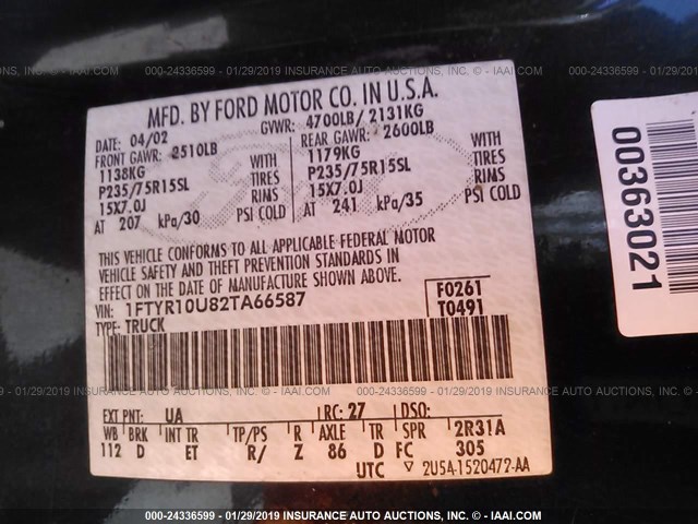 1FTYR10U82TA66587 - 2002 FORD RANGER BLACK photo 9