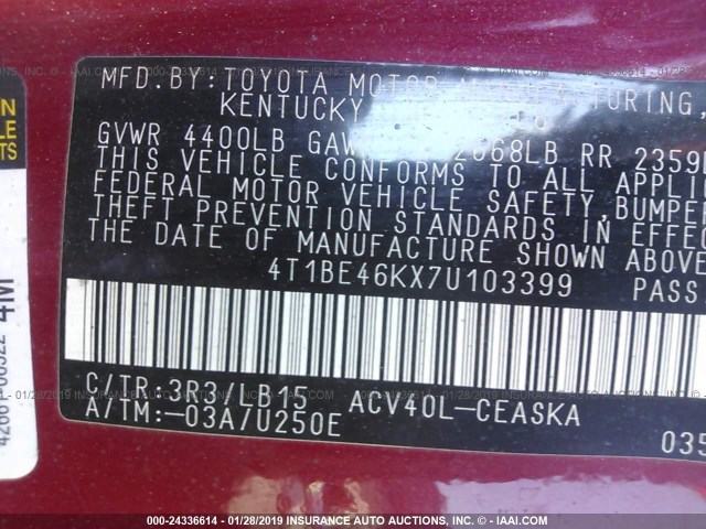 4T1BE46KX7U103399 - 2007 TOYOTA CAMRY NEW GENERAT  RED photo 9