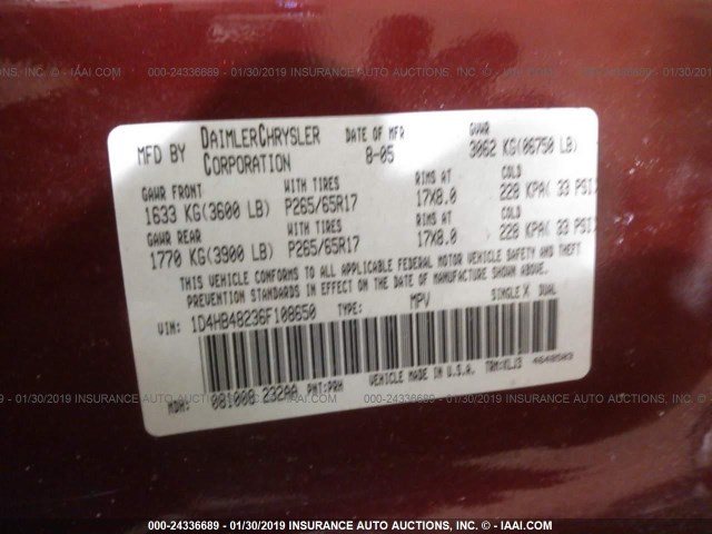 1D4HB48236F108650 - 2006 DODGE DURANGO SLT RED photo 9