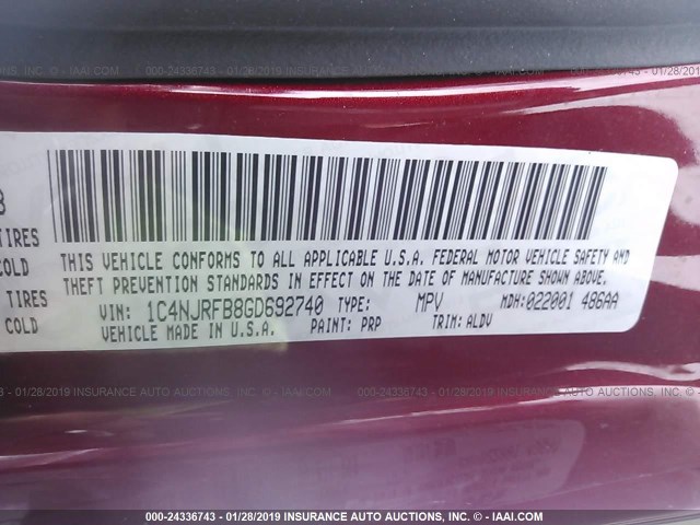 1C4NJRFB8GD692740 - 2016 JEEP PATRIOT LATITUDE MAROON photo 9