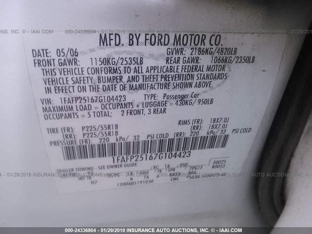 1FAFP25167G104423 - 2007 FORD FIVE HUNDRED LIMITED WHITE photo 9