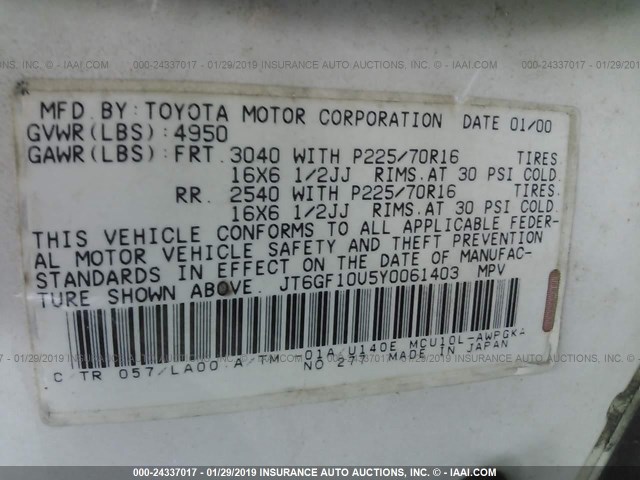 JT6GF10U5Y0061403 - 2000 LEXUS RX 300 WHITE photo 9