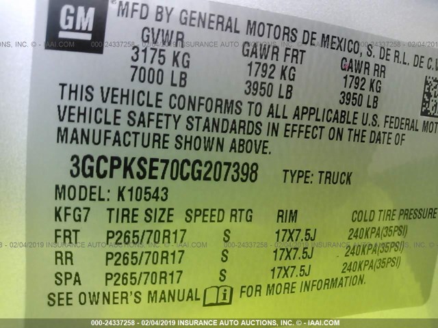 3GCPKSE70CG207398 - 2012 CHEVROLET SILVERADO K1500 LT SILVER photo 9