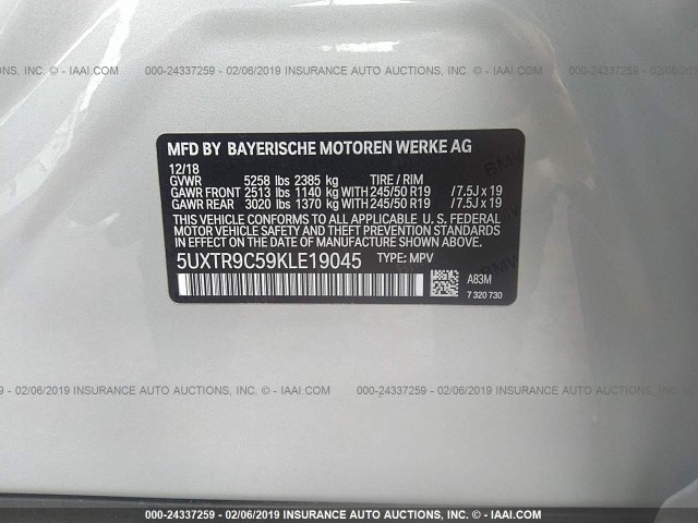5UXTR9C59KLE19045 - 2019 BMW X3 SILVER photo 9
