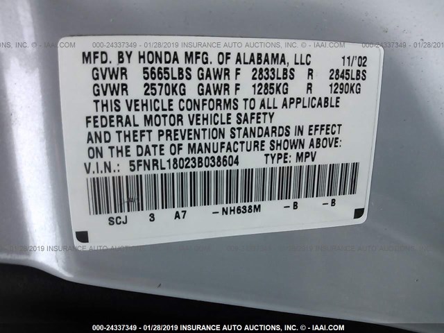 5FNRL18023B038604 - 2003 HONDA ODYSSEY EXL SILVER photo 9