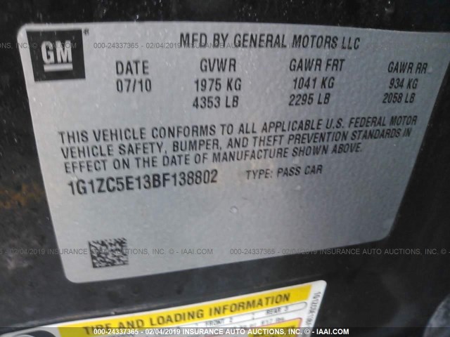 1G1ZC5E13BF138802 - 2011 CHEVROLET MALIBU 1LT შავი ფოტო 9