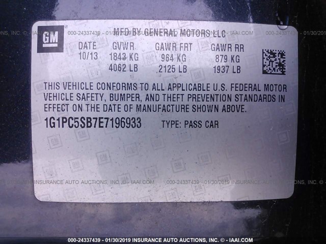 1G1PC5SB7E7196933 - 2014 CHEVROLET CRUZE BLACK photo 9