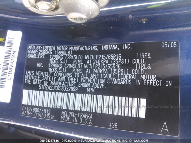 5TDZA23C05S332899 - 2005 TOYOTA SIENNA CE/LE BLUE photo 9