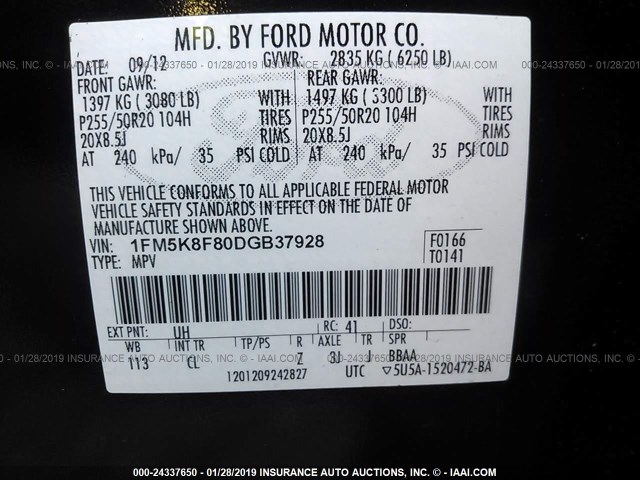 1FM5K8F80DGB37928 - 2013 FORD EXPLORER LIMITED BLACK photo 9