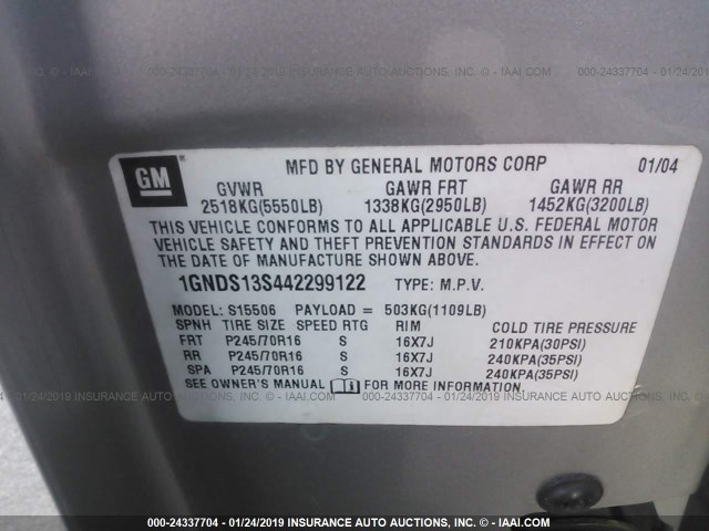 1GNDS13S442299122 - 2004 CHEVROLET TRAILBLAZER LS/LT GRAY photo 9