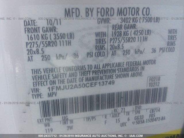 1FMJU2A50CEF13749 - 2012 FORD EXPEDITION LIMITED WHITE photo 9