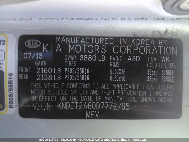 KNDJT2A60D7772795 - 2013 KIA SOUL +/!/SPORT SILVER photo 9