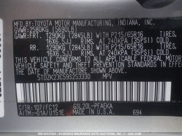 5TDZK23C59S253330 - 2009 TOYOTA SIENNA CE/LE SILVER photo 9