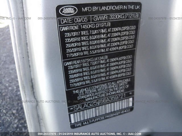 SALAG25456A359721 - 2006 LAND ROVER LR3 HSE SILVER photo 9