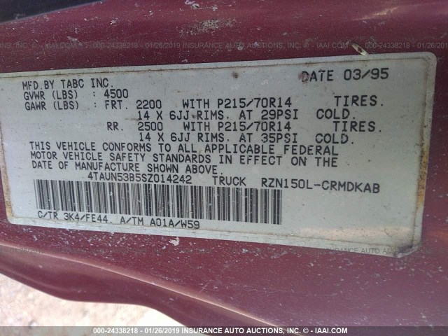 4TAUN53B5SZ014242 - 1995 TOYOTA TACOMA XTRACAB MAROON photo 9