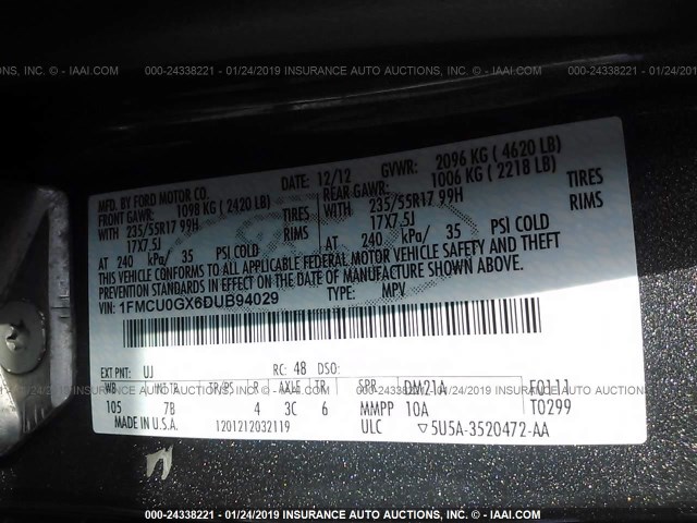 1FMCU0GX6DUB94029 - 2013 FORD ESCAPE GRAY photo 9