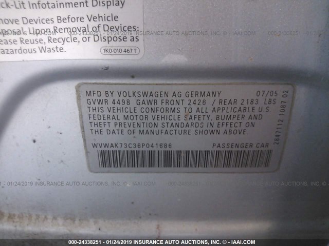 WVWAK73C36P041686 - 2006 VOLKSWAGEN PASSAT 2.0T/2.0T VALUE SILVER photo 9