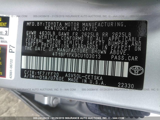 4T1BF1FK9CU103013 - 2012 TOYOTA CAMRY SE/LE/XLE 银色 照片 9