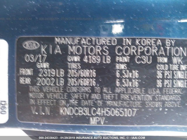 KNDCB3LC4H5065107 - 2017 KIA NIRO FE/LX BLUE photo 9