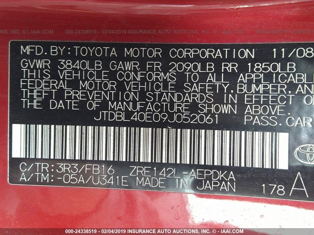 JTDBL40E09J052061 - 2009 TOYOTA COROLLA LE/XLE RED photo 9