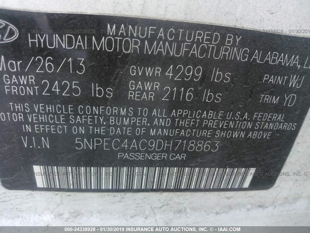 5NPEC4AC9DH718863 - 2013 HYUNDAI SONATA SE/LIMITED WHITE photo 9