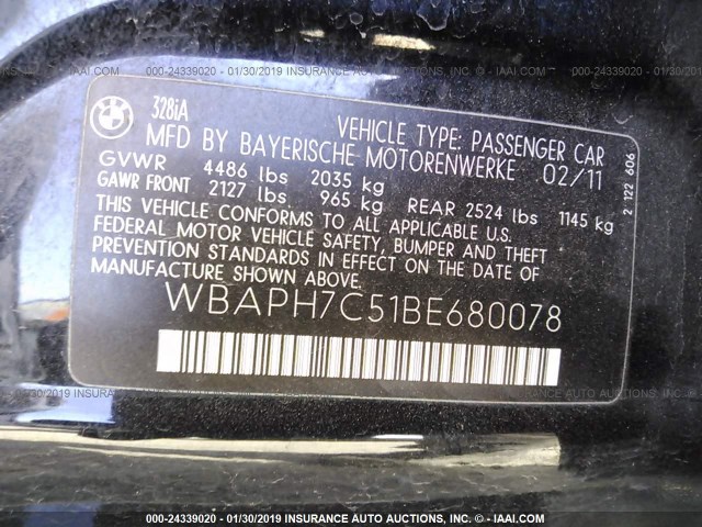 WBAPH7C51BE680078 - 2011 BMW 328 I BLACK photo 9