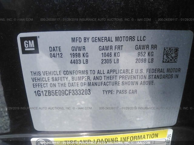 1G1ZB5E09CF333203 - 2012 CHEVROLET MALIBU LS BLACK photo 9