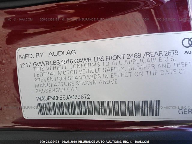 WAUFNCF56JA069672 - 2018 AUDI A5 PRESTIGE S-LINE RED photo 9