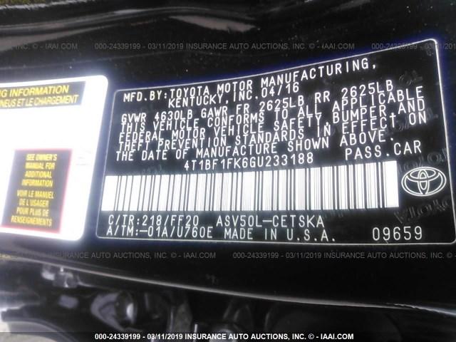 4T1BF1FK6GU233188 - 2016 TOYOTA CAMRY LE/XLE/SE/XSE BLACK photo 9