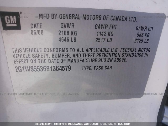 2G1WS553681364579 - 2008 CHEVROLET IMPALA POLICE WHITE photo 9