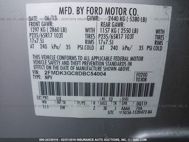 2FMDK3GC8DBC54004 - 2013 FORD EDGE SE SILVER photo 9