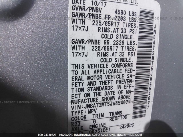 JN8AT2MT5JW454677 - 2018 NISSAN ROGUE S/SL/SV SILVER photo 9