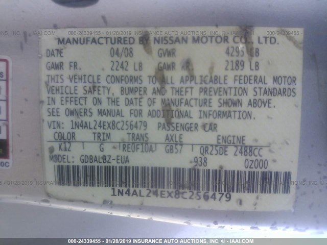 1N4AL24EX8C256479 - 2008 NISSAN ALTIMA 2.5S SILVER photo 9