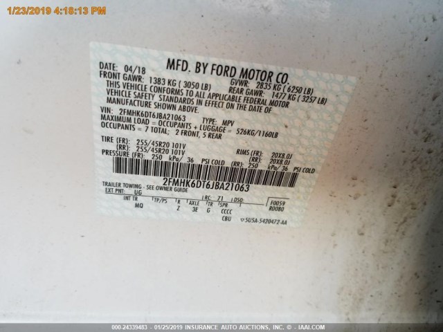 2FMHK6DT6JBA21063 - 2018 FORD FLEX LIMITED WHITE photo 12