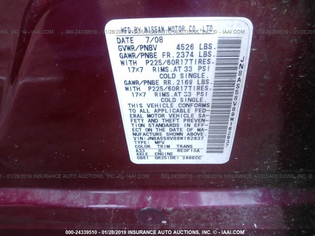 JN8AS58V89W162937 - 2009 NISSAN ROGUE S/SL RED photo 9