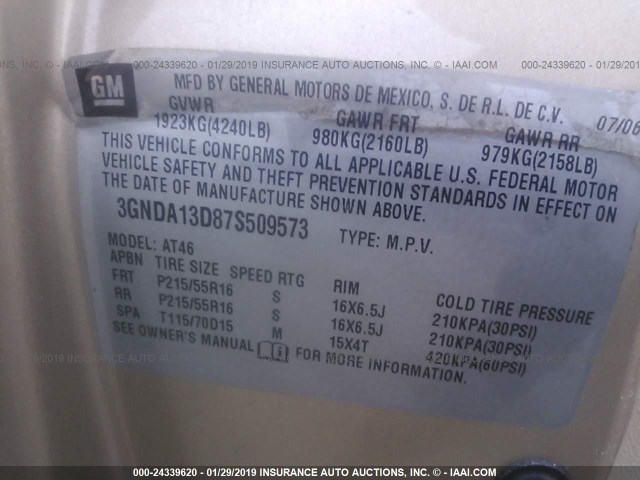 3GNDA13D87S509573 - 2007 CHEVROLET HHR LS Dorado foto 9