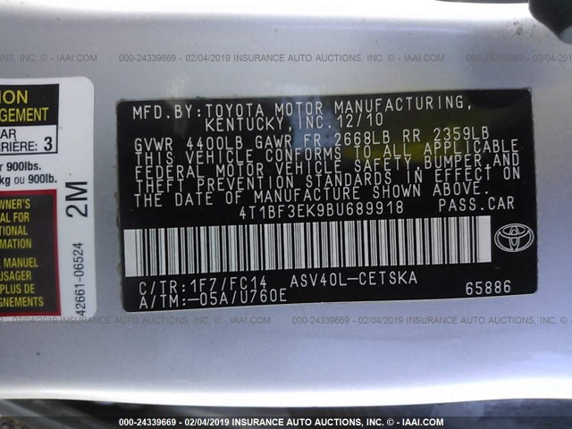 4T1BF3EK9BU689918 - 2011 TOYOTA CAMRY SE/LE/XLE 灰色 照片 9