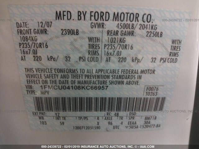 1FMCU04108KC66957 - 2008 FORD ESCAPE LIMITED WHITE photo 9