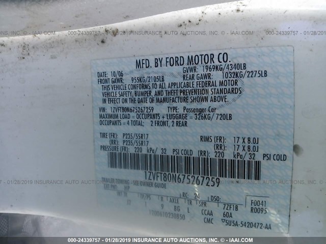 1ZVFT80N675267259 - 2007 FORD MUSTANG WHITE photo 9