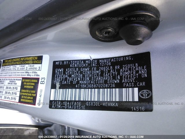 4T1BK36B87U208736 - 2007 TOYOTA AVALON XL/XLS/TOURING/LIMITED SILVER photo 9