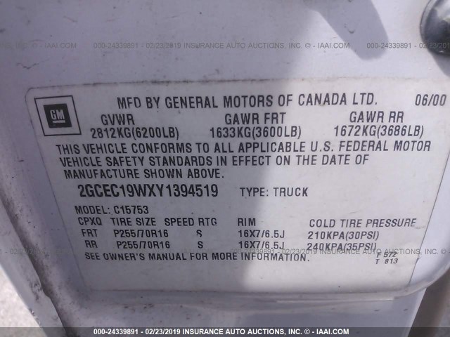 2GCEC19WXY1394519 - 2000 CHEVROLET SILVERADO C1500 WHITE photo 9