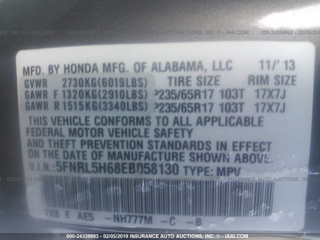 5FNRL5H68EB058130 - 2014 HONDA ODYSSEY EXL GRAY photo 9