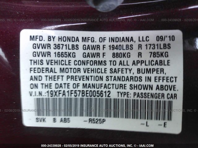 19XFA1F57BE005612 - 2011 HONDA CIVIC LX RED photo 9