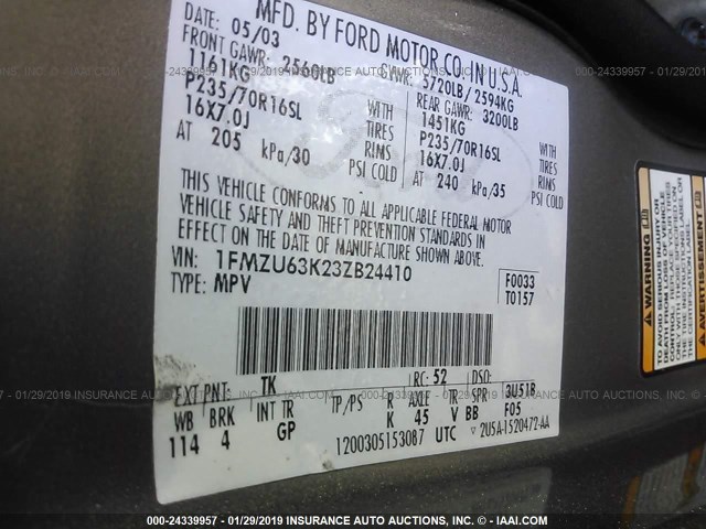 1FMZU63K23ZB24410 - 2003 FORD EXPLORER XLT/XLT SPORT/NBX Մոխրագույն լուսանկար 9