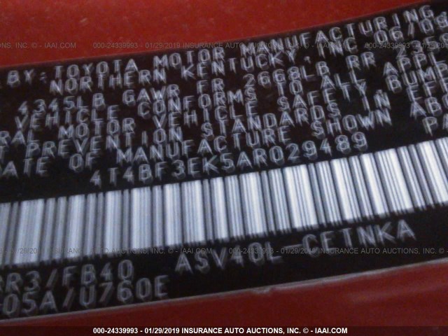 4T4BF3EK5AR029489 - 2010 TOYOTA CAMRY SE/LE/XLE RED photo 9