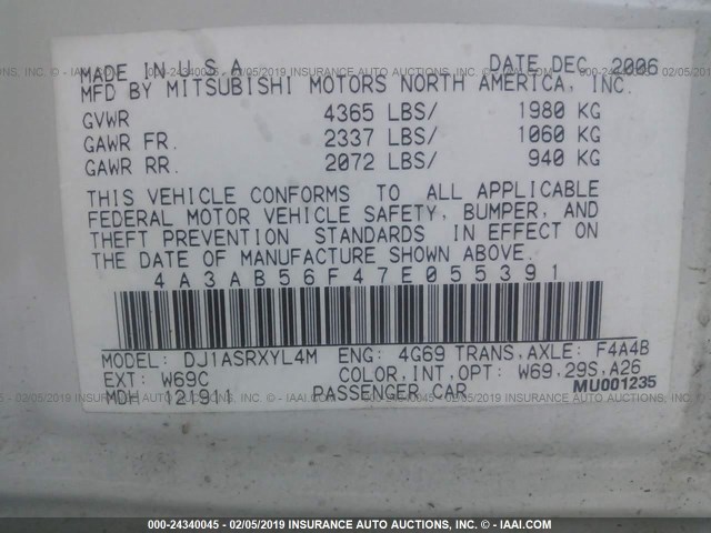 4A3AB56F47E055391 - 2007 MITSUBISHI GALANT ES PREMIUM/LS PREMIUM WHITE photo 9