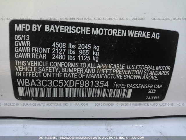 WBA3C3C5XDF981354 - 2013 BMW 320 I/XDRIVE WHITE photo 9