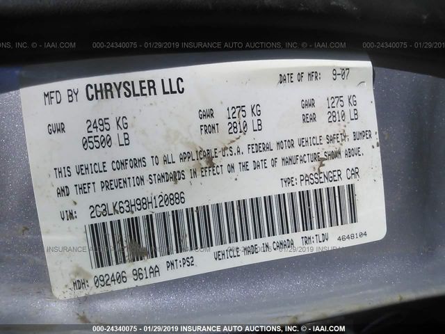 2C3LK63H98H120886 - 2008 CHRYSLER 300C  Silver photo 9