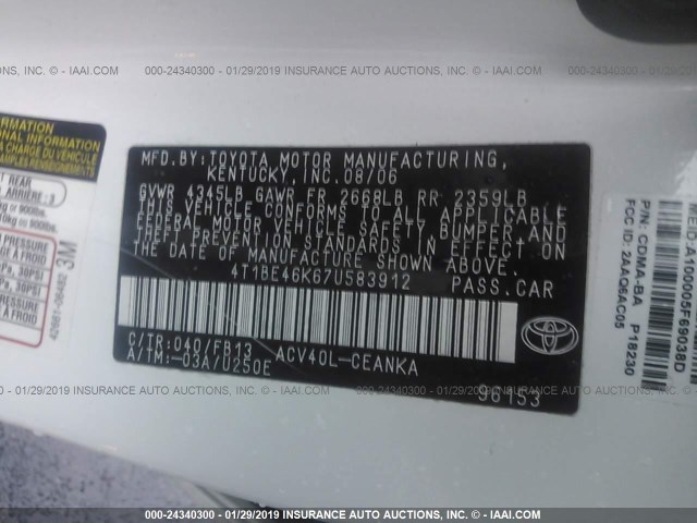 4T1BE46K67U583912 - 2007 TOYOTA CAMRY NEW GENERAT CE/LE/XLE/SE WHITE photo 9